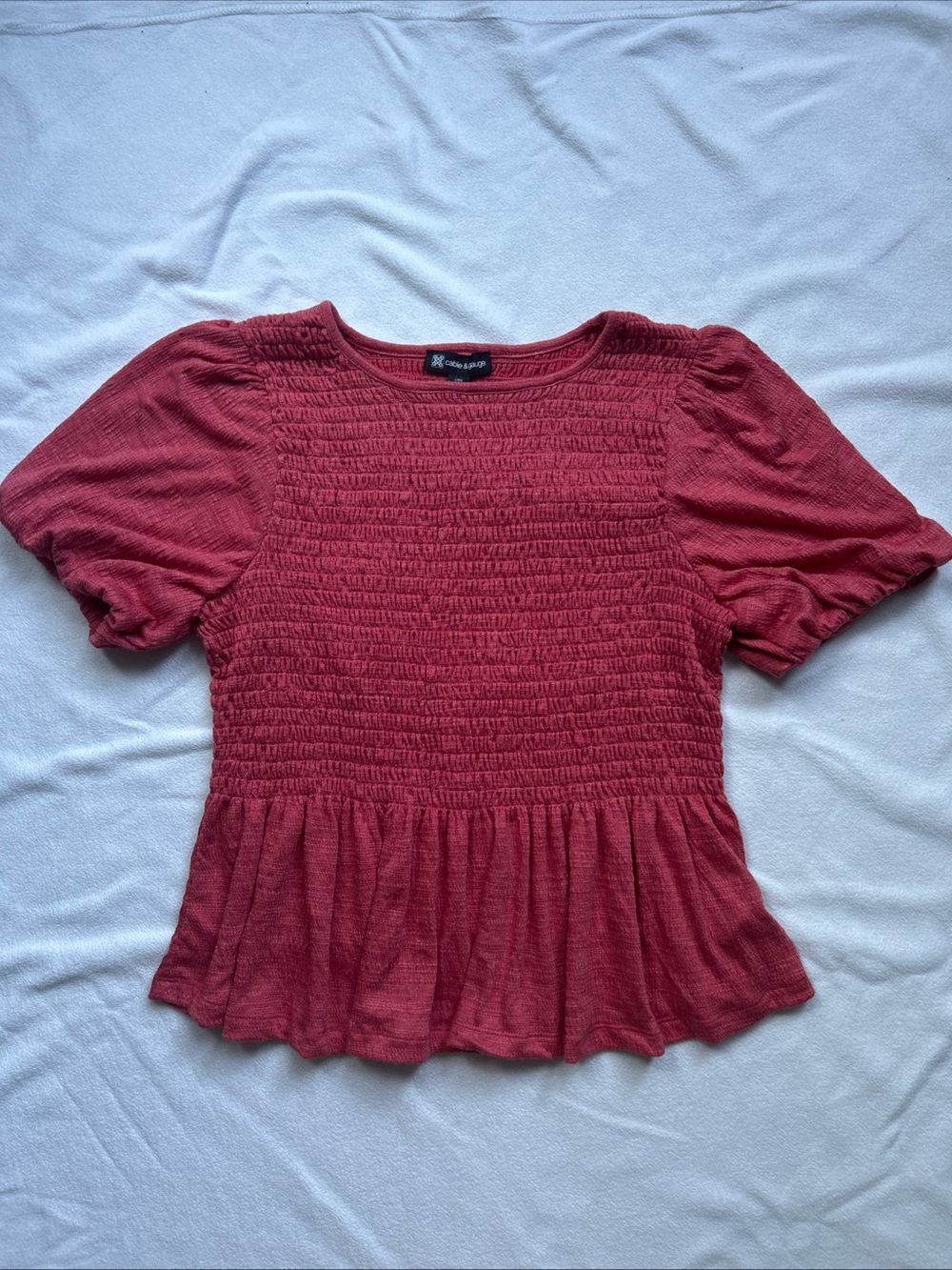 Cable & Gauge Coral Smocked Peplum Puff Sleeve Top